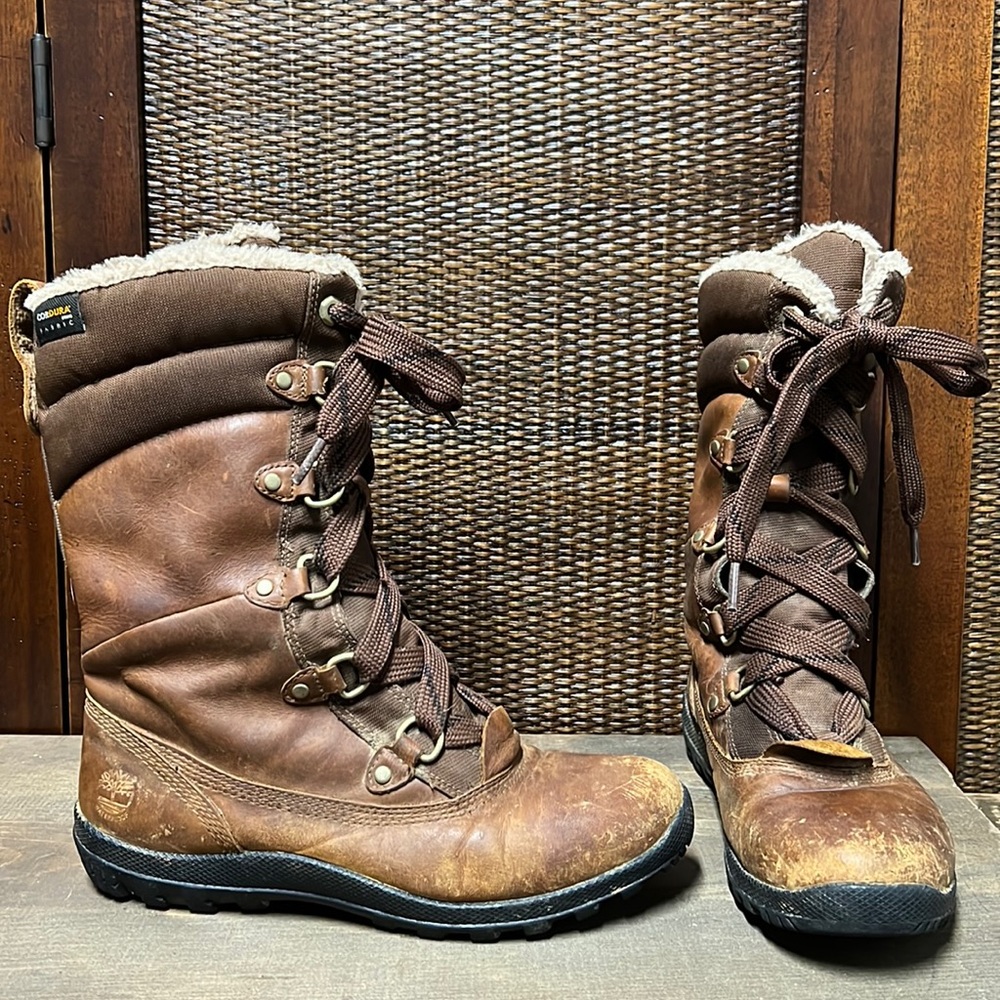 Timberland Faux Fur Lace Up Boots Brown Womens